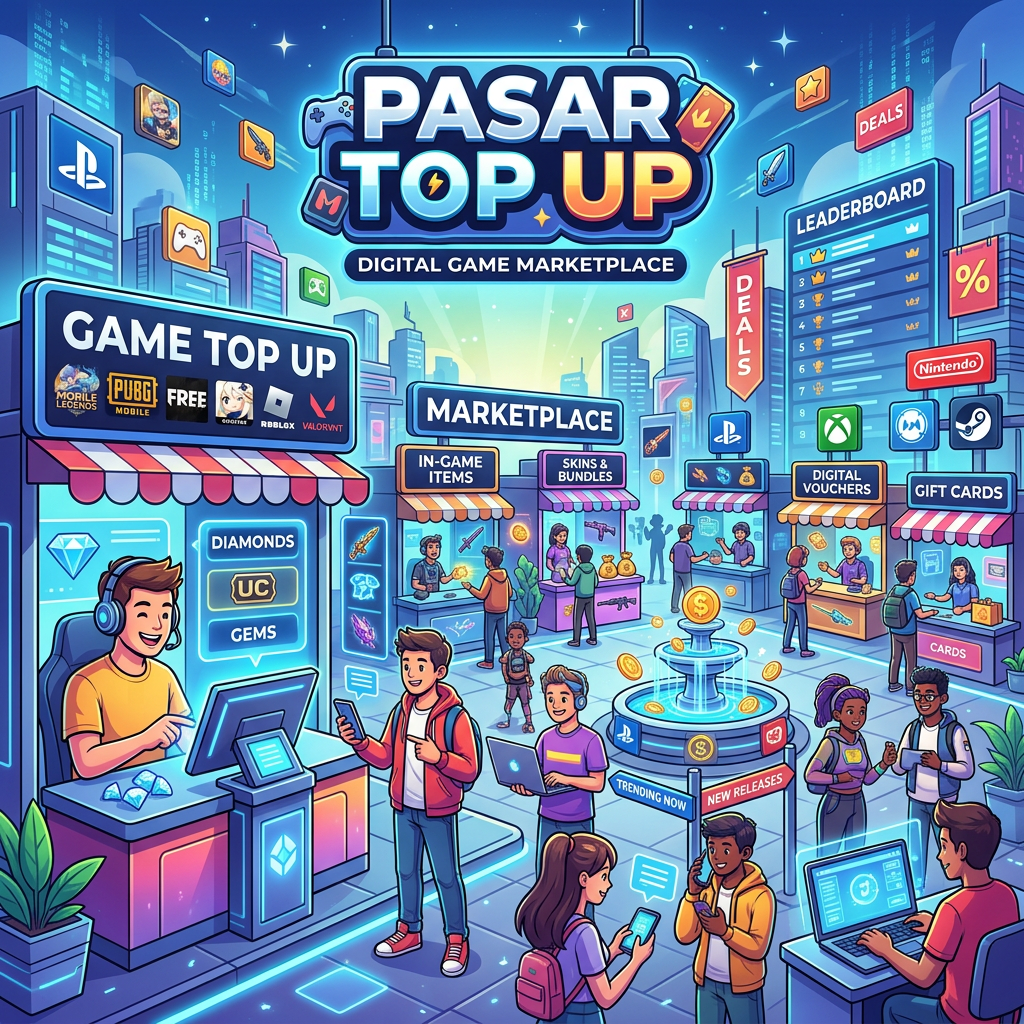 Digital game marketplace with people buying game top-ups, in-game items, skins, vouchers, and gift cards