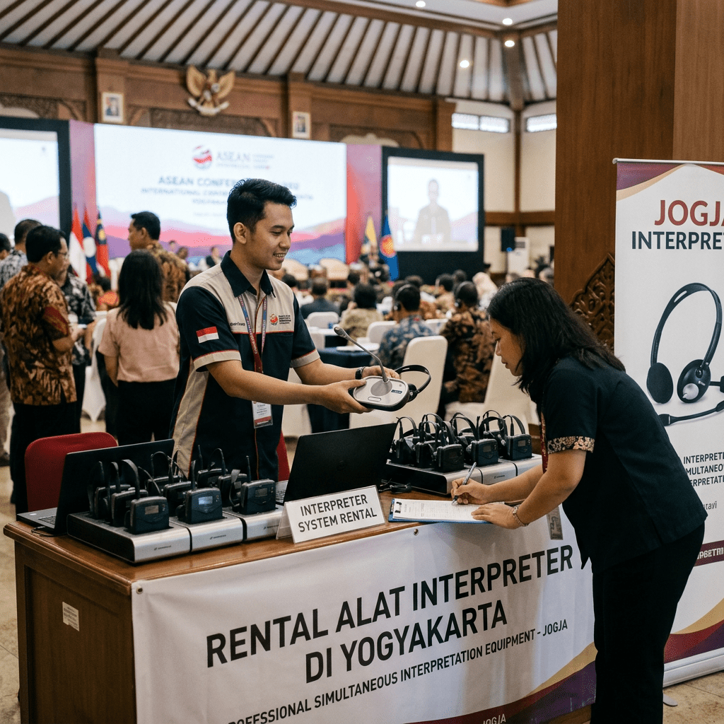 Staff at an interpreter equipment rental booth during an ASEAN conference
